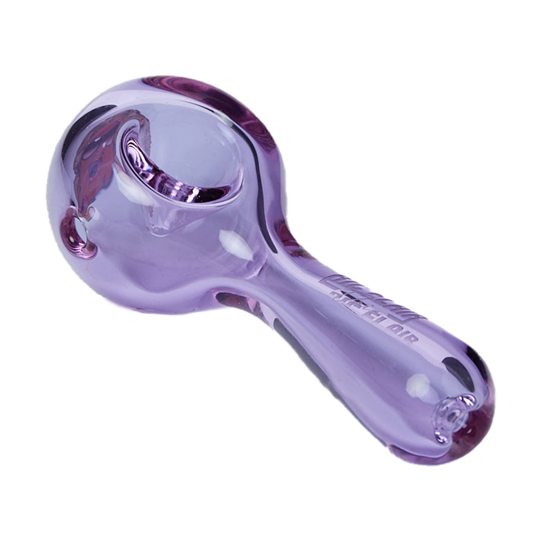 Ric Flair Drip Spoon Pipe in purple borosilicate glass, top view on white background