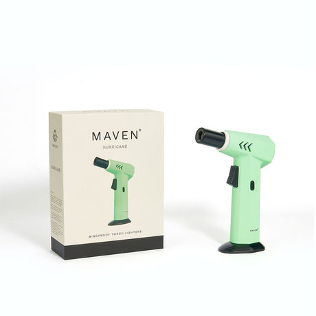 Maven Torch Hurricane in Neon Green with Windproof Jet Flame, Side View next to Packaging