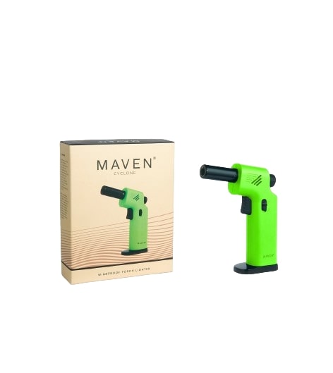 Maven Torch Cyclone green windproof jet flame torch with packaging, side view