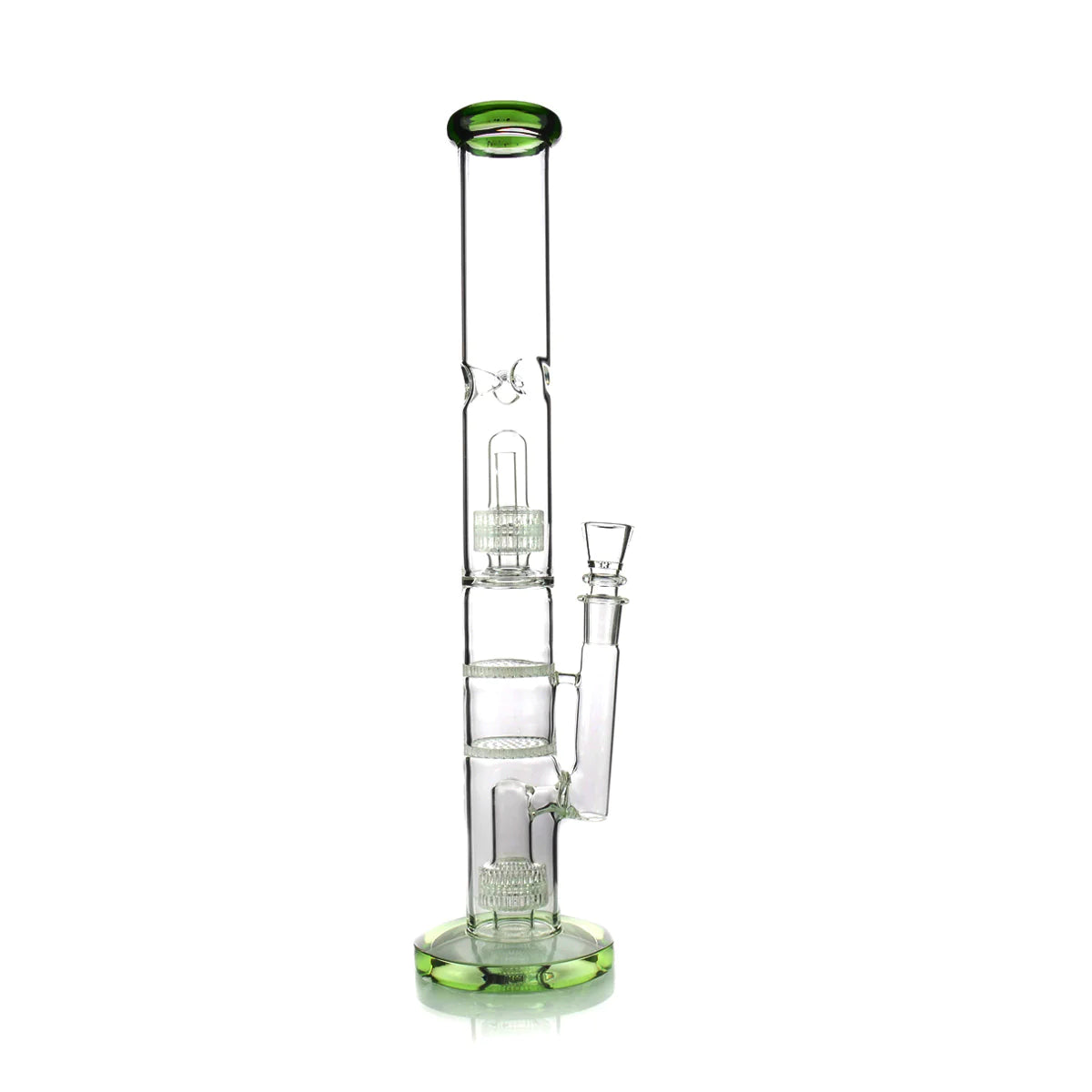 1Stop Glass 18" Straight Tube Bong, Green Accents, Double Matrix & Honeycomb Percs