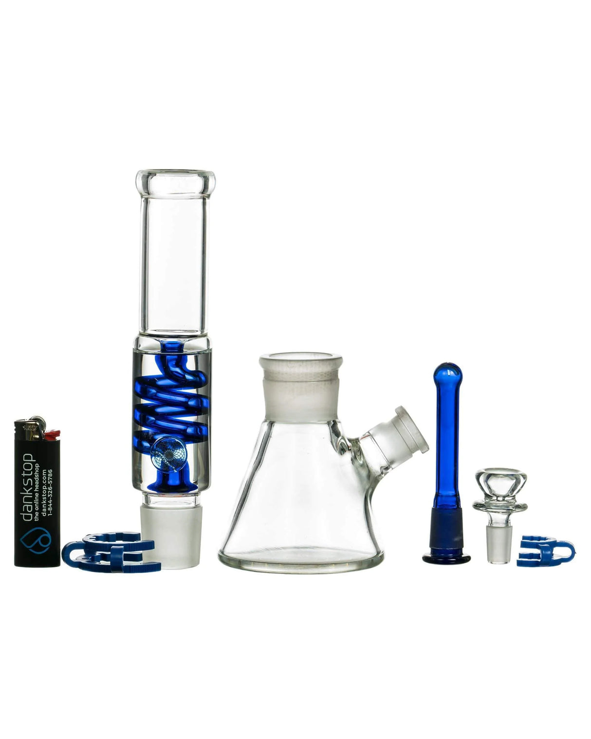 1Stop Glass 12" Freezable Glycerin Coil Beaker Bong in Blue, Front View with Accessories