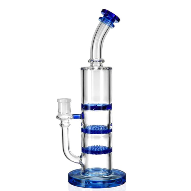 1Stop Glass 11" Triple Perc Bong with Double Honeycomb and Turbine Percolators, Blue Accents, Front View