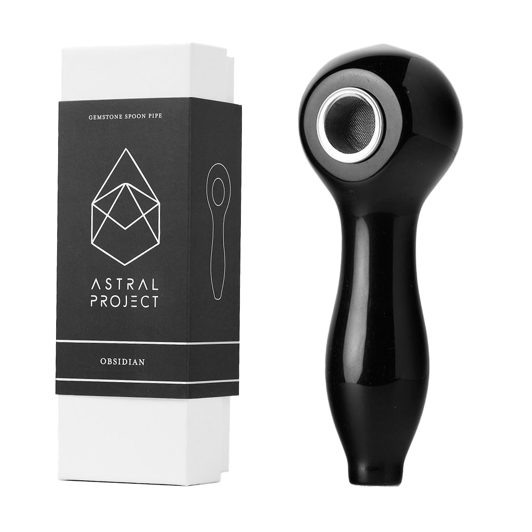Astral Project Obsidian Gemstone Spoon Pipe with Box - Durable Borosilicate Glass, Side View
