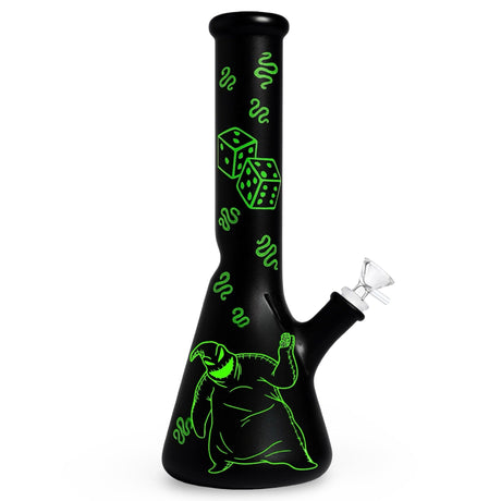 The Weed Box 10 inch Oogie Boogie beaker bong in matte black with green dice and character print