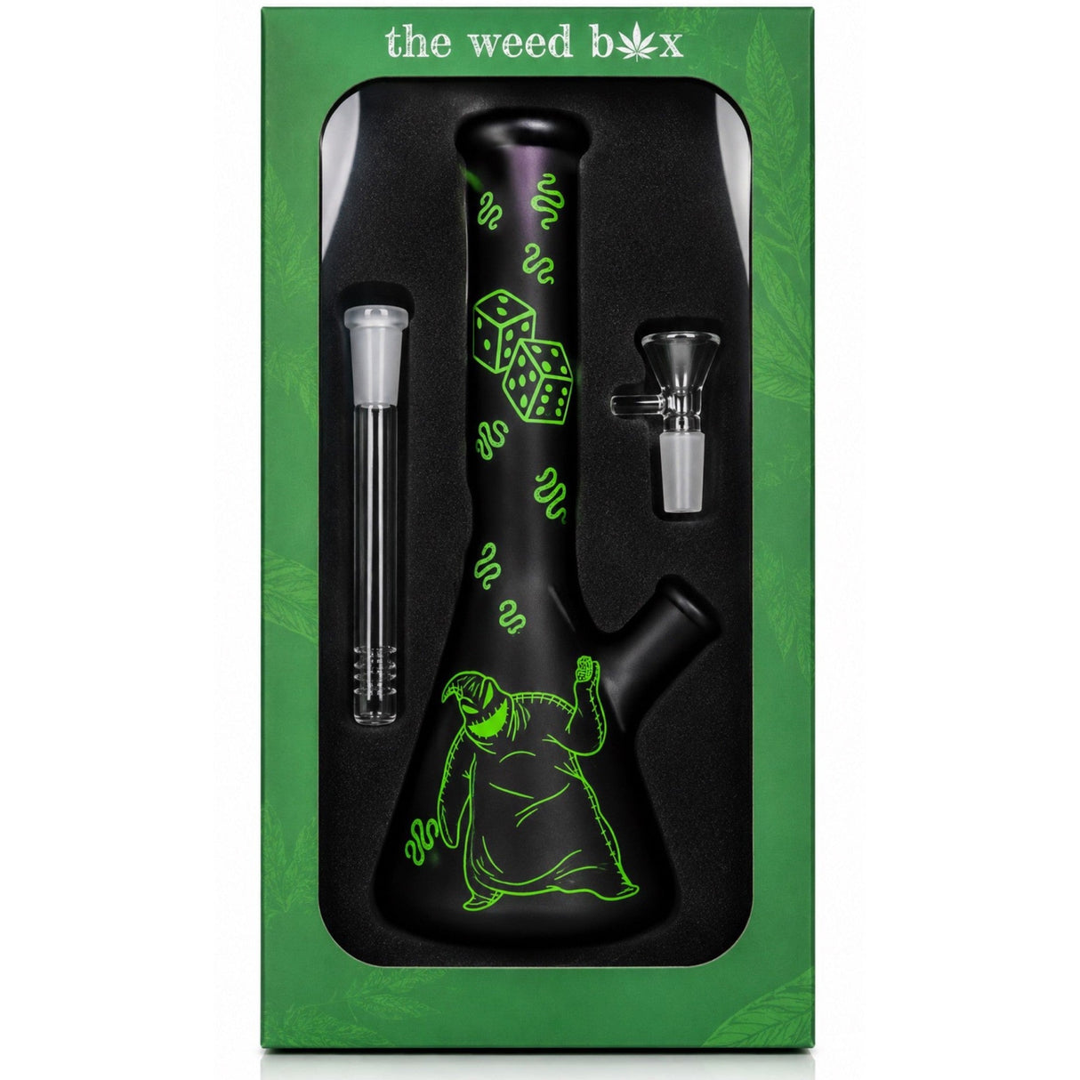 The Weed Box 10 inch Oogie Boogie beaker bong in branded green packaging, black glass with green artwork
