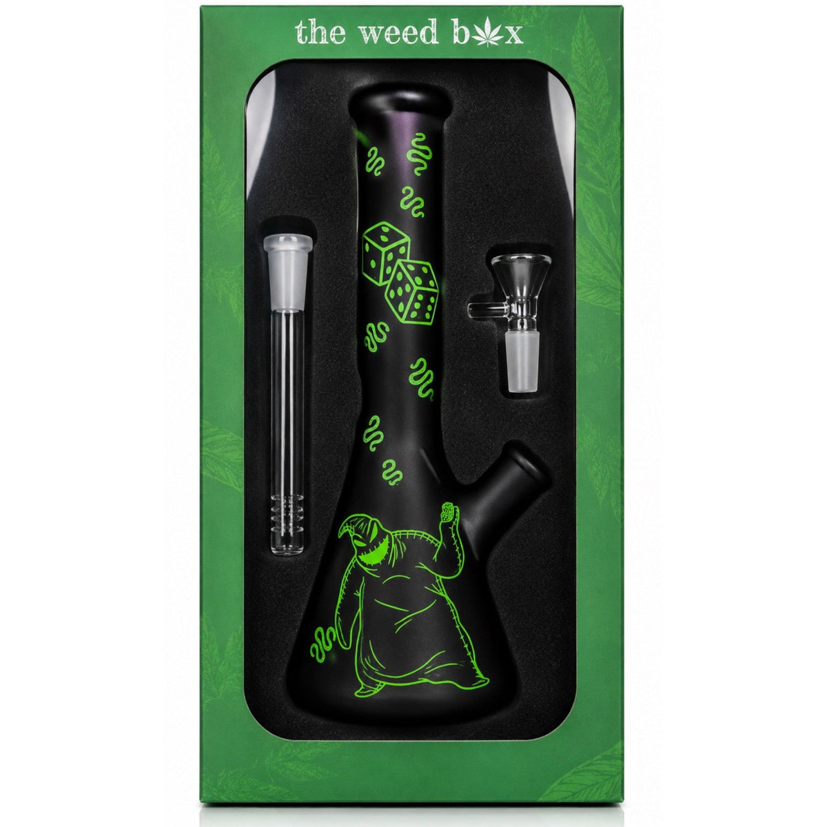 The Weed Box 10 inch Oogie Boogie beaker bong in branded green packaging, black glass with green artwork