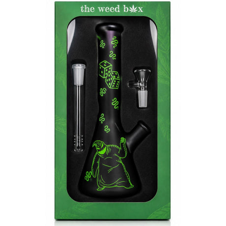 The Weed Box 10 inch Oogie Boogie beaker bong in branded green packaging, black glass with green artwork
