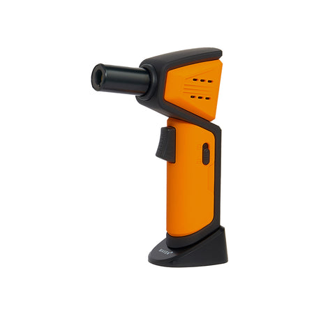 Maven Torch Nova Jet Flame Lighter in Orange - Side View on Stand, Windproof, Refillable