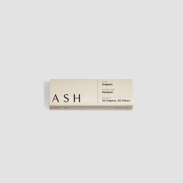 ASH Organic Medium Rolling Papers Pack Front View with 50 Papers and Filters