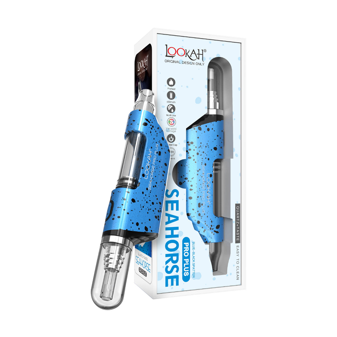 Lookah Seahorse Pro Plus Vaporizer in blue with packaging, front view, easy to use design
