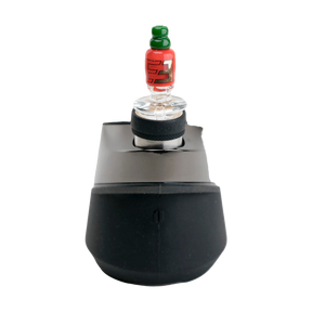 Empire Glassworks Sriracha Bottle Carb Cap for Puffco Peak, Front View on Black Base