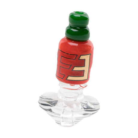 Empire Glassworks Sriracha Bottle Puffco Peak Glass Carb Cap, Front View on White Background