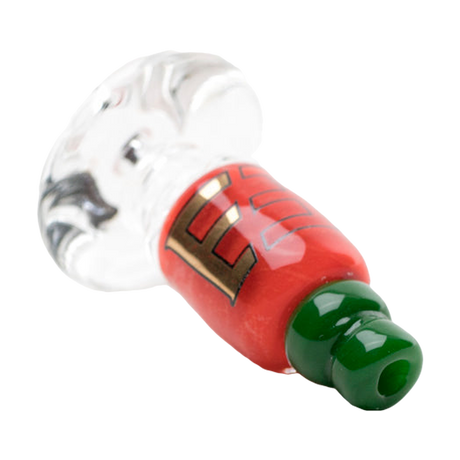 Empire Glassworks Sriracha Bottle Puffco Peak Glass Carb Cap, Angled View on White Background