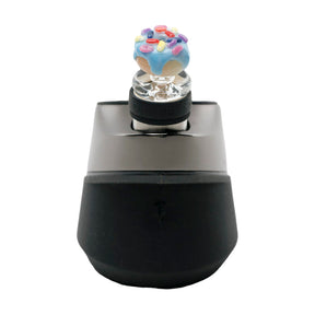 Empire Glassworks Blue Donut Glass Carb Cap for Puffco Peak, Top View on Black Stand