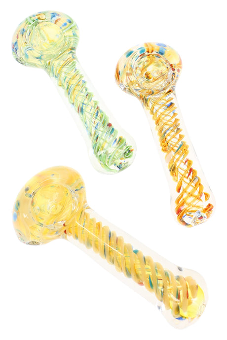 Color-Changing Frit Spiral Striped Glass Hand Pipe “Color Cyclone” – 3½″ – Assorted Colors