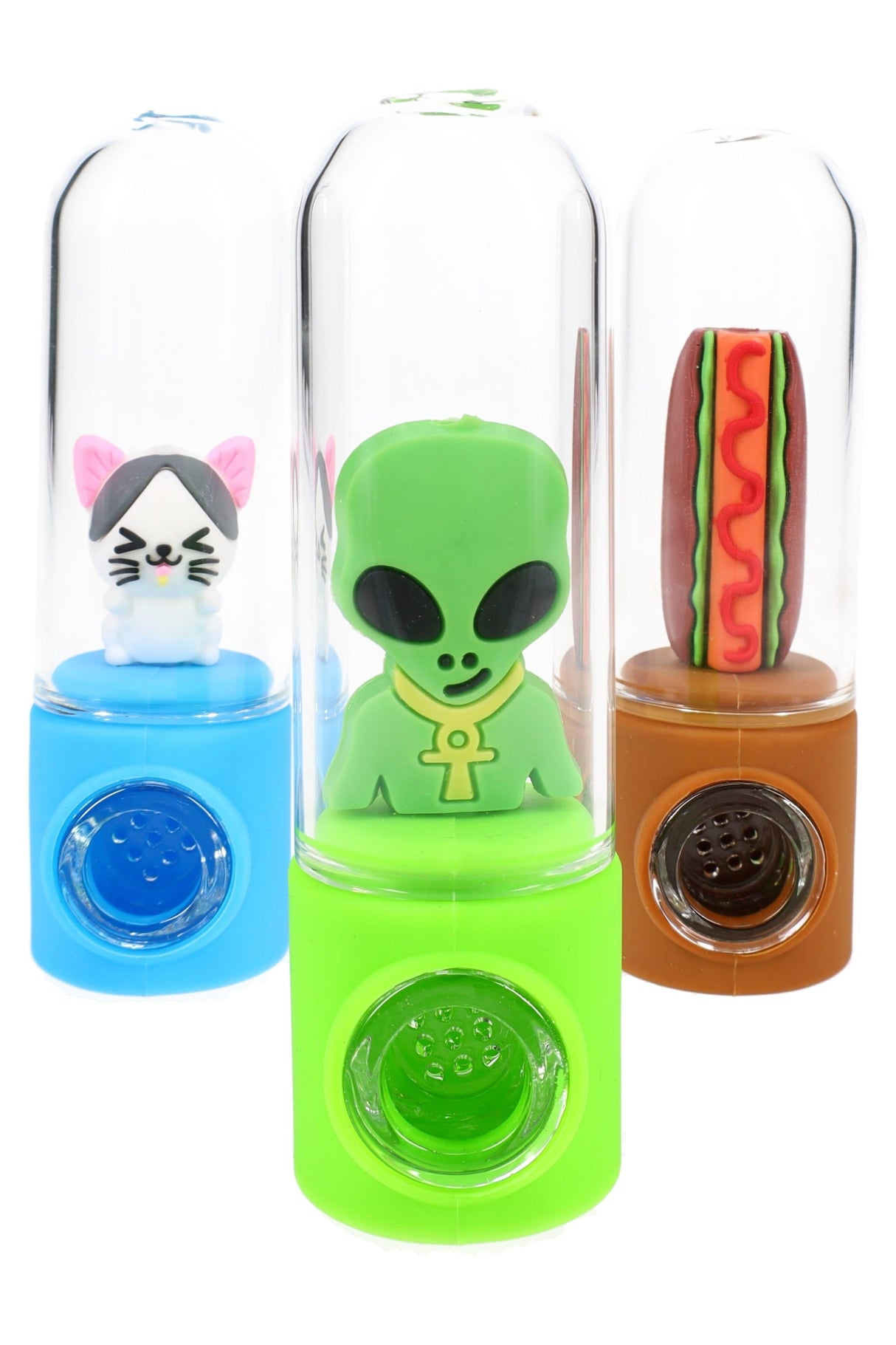 Colorful Silicone & Glass Character Hand Pipe “Capsule Crew” – Assorted