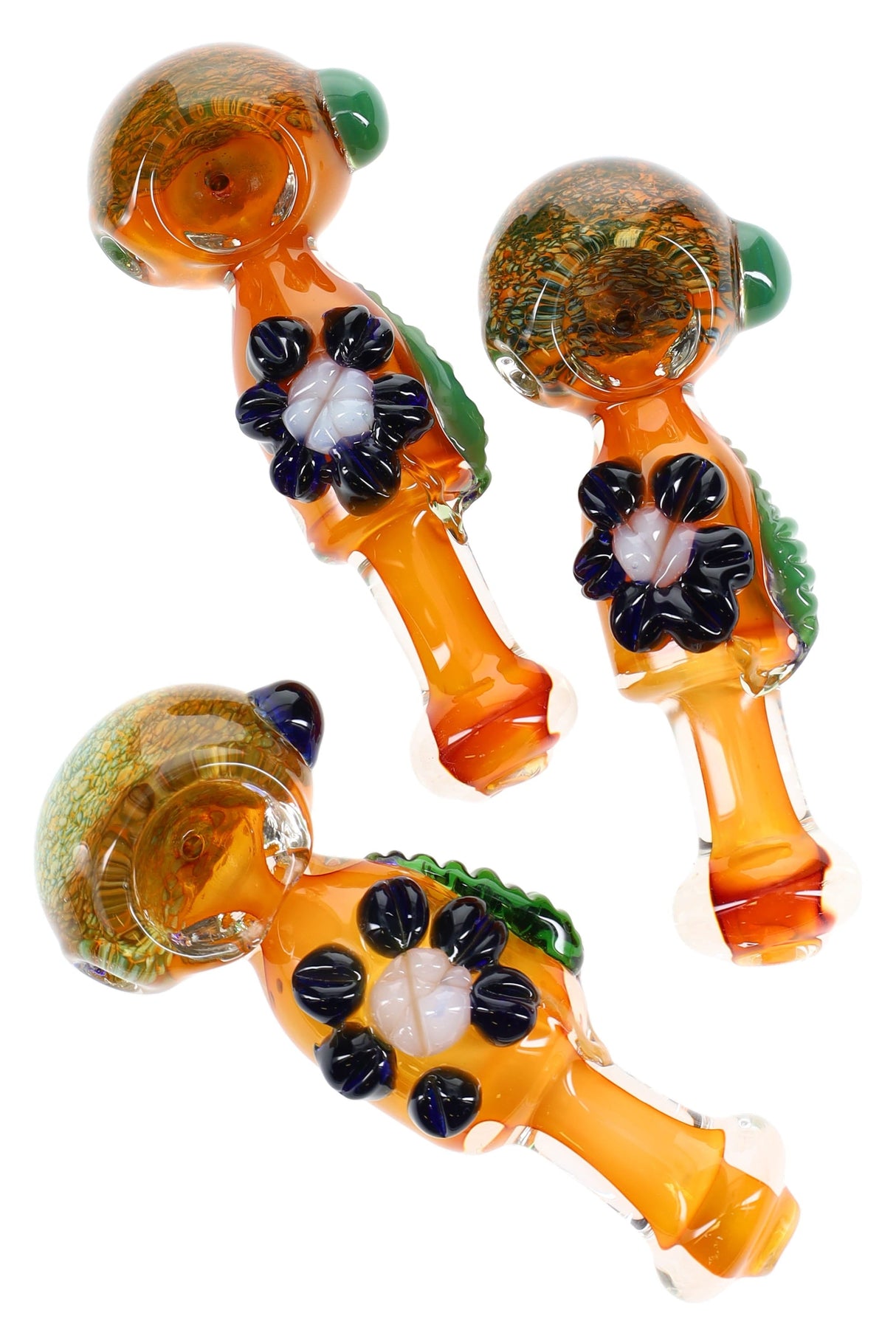 Gold Fumed Frit Glass Spoon Pipe “Bloom & Leaf” – 5″