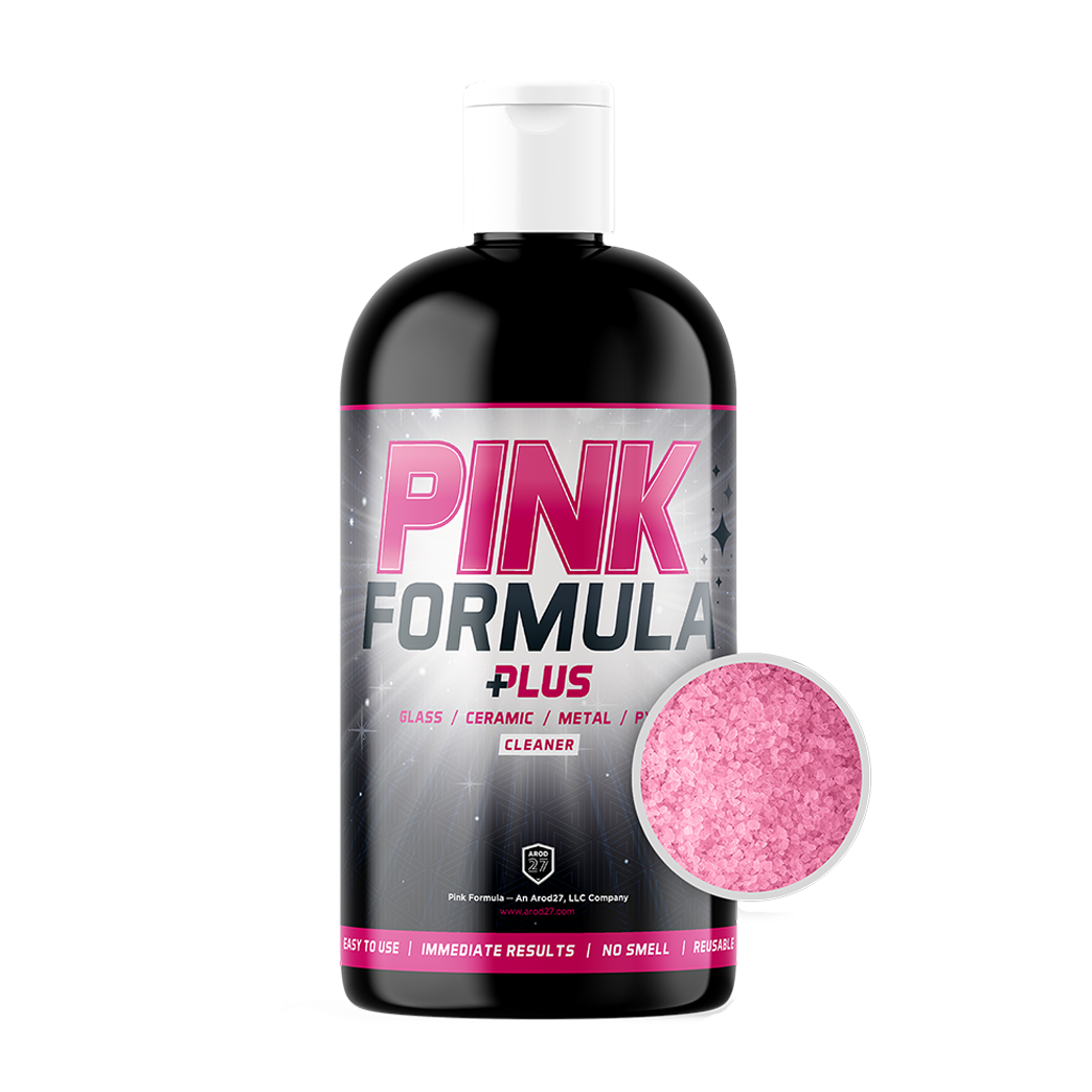 Pink Formula Plus 16oz abrasive cleaner bottle front view with product sample