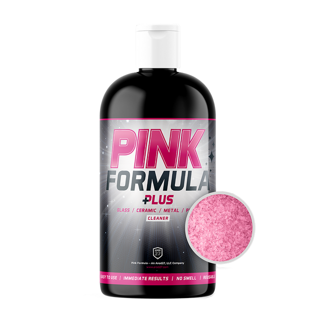 Pink Formula Plus 16oz abrasive cleaner bottle front view with product sample