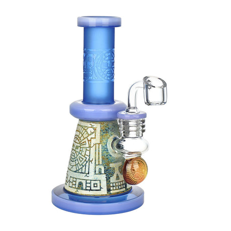 Aztec Mandala Dab Rig with intricate design, 7.5" tall, 14mm female joint, and quartz bucket