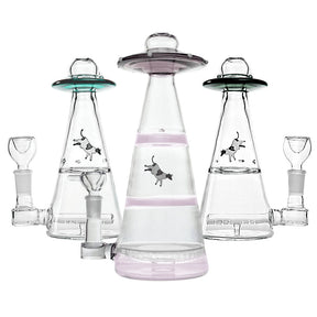 Hemper UFO Vortex Water Pipe with Colored Accents, Borosilicate Glass, Front and Side Views