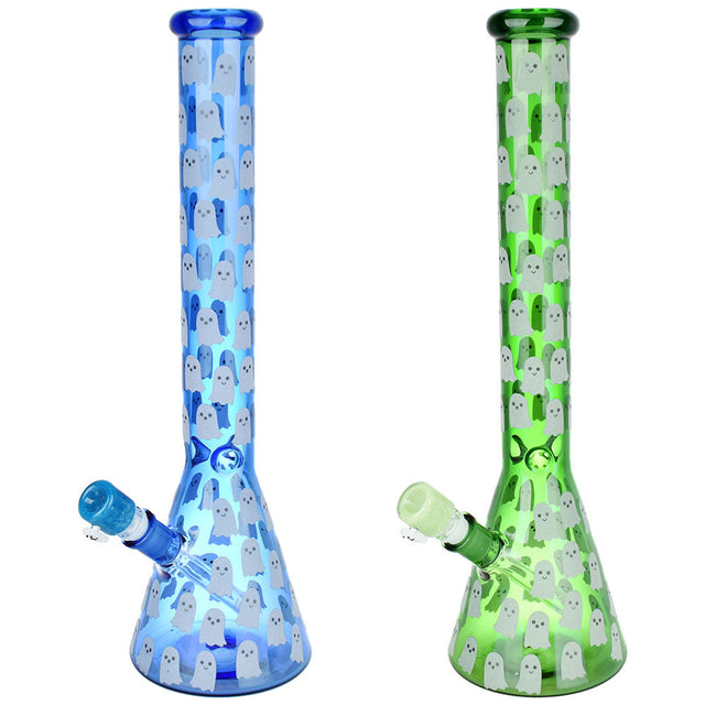 Ghostly Glow Beaker Water Pipes in Blue and Green with 14mm Bowls - Front View