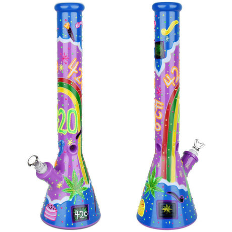 Beach Vibes 420 Painted Glass Beaker Water Pipe - 18" with vibrant design, front and side view