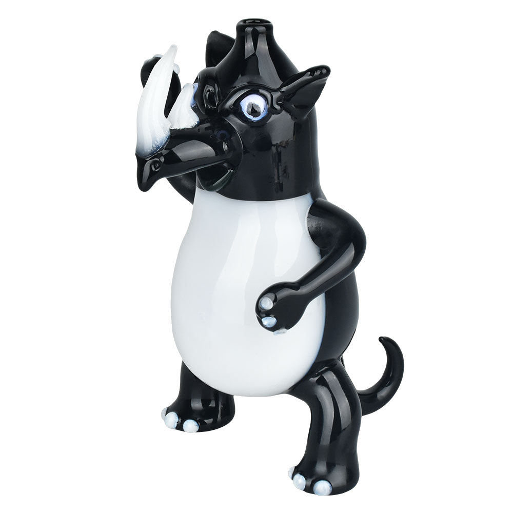 Borosilicate glass Rhino Hand Pipe in black and white, 5.25" tall, front view on white background
