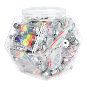 Pulsar Aluminum Hand Pipes in Rainbow, 3-inch, in a clear jug, angled view