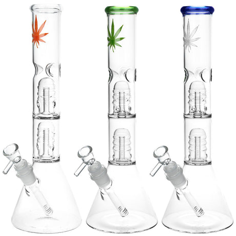 Three Double Stacked Hemp Leaf Beaker Water Pipes with colored hemp leaf designs, 12 inch 14mm Female
