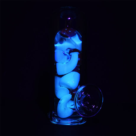 Shroom Party Glow in the Dark Glass Hand Pipe, 5.25" Borosilicate, Front View on Black