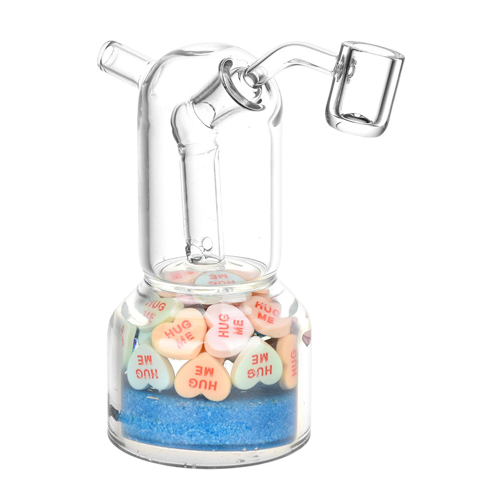 Hug Me Tender Glass Dab Rig with Heart Candy Accents and Blue Sand Base - 5.5" Front View