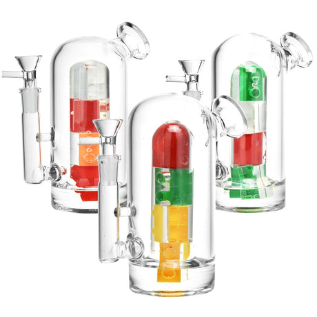 Buzz Builder Glass Water Pipes in various colors with 14mm female joint, side views on white background