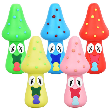 5PC Spacey Facey Mushroom Silicone Hand Pipes in Assorted Colors, Front View