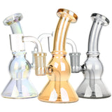 Ease Your Mind Mini Glass Dab Rig trio in various colors with quartz buckets, 14mm female joint, side view