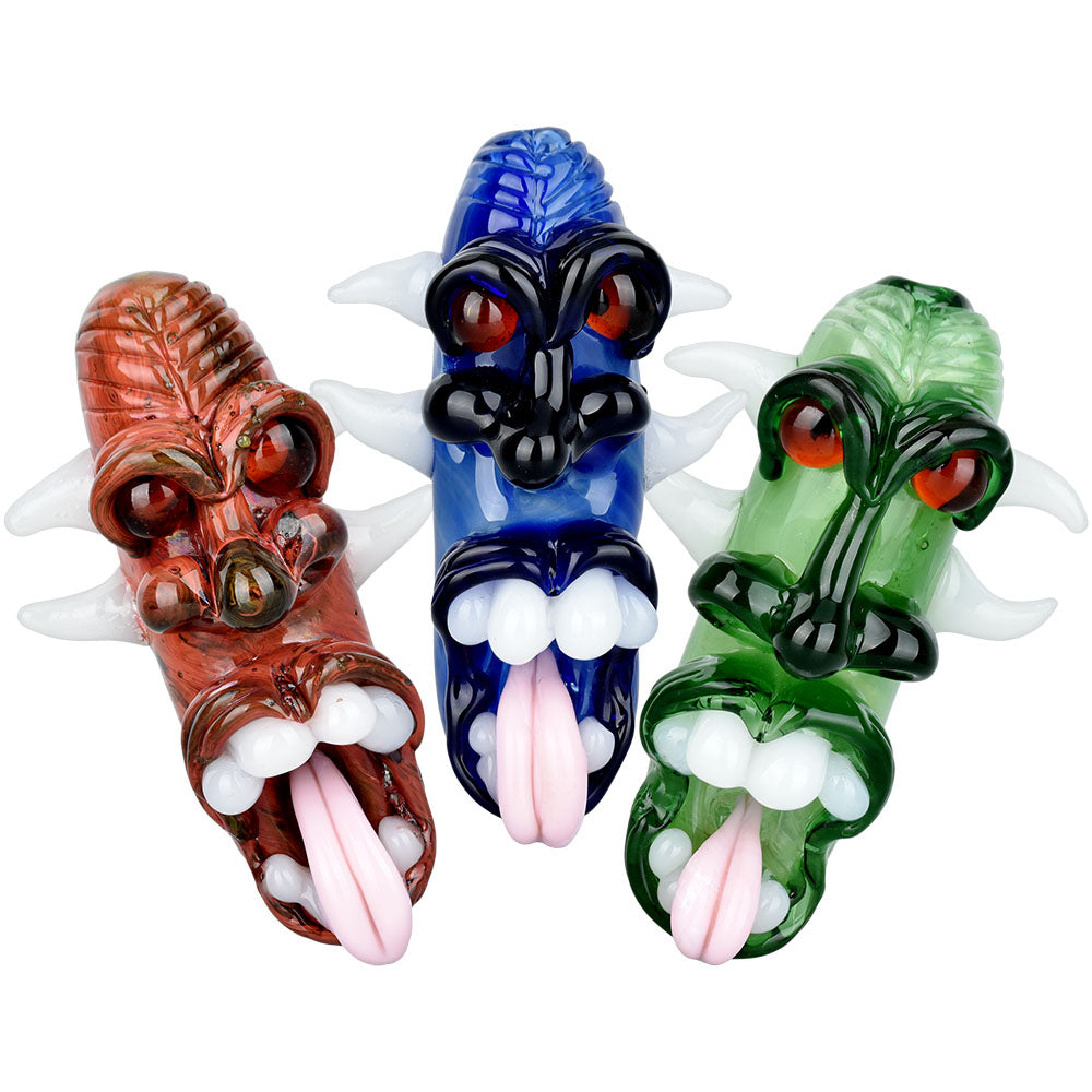 Menacing Monster Head Hand Pipes in Red, Blue, Green | Borosilicate Glass | Front View