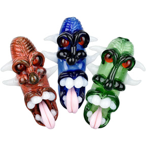 Menacing Monster Head Hand Pipes in Red, Blue, Green | Borosilicate Glass | Front View