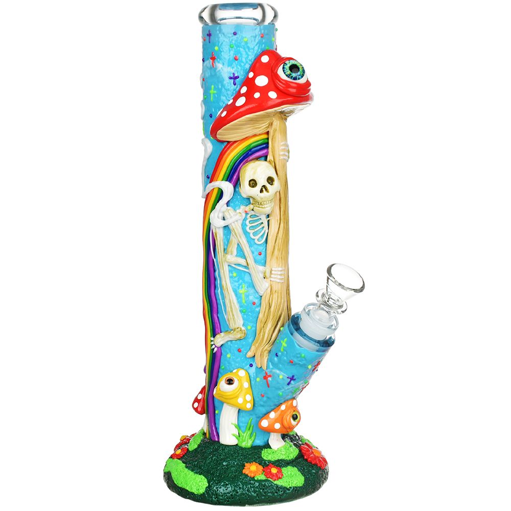 Sneaky Skeleton and Watchful Fungi Glow in the Dark Water Pipe, Borosilicate Glass, 11.5" Front View