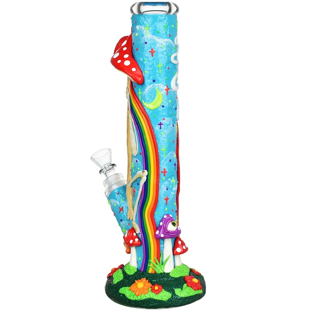 Sneaky Skeleton and Watchful Fungi Glow-In-Dark Tube Water Pipe, 11.5" tall, 14mm front view