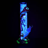 Glow-in-the-dark 11.5" Sneaky Skeleton and Watchful Fungi Tube Water Pipe with 14mm female joint, front view.