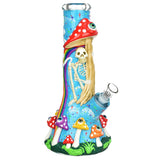 12.5" Glow-in-the-Dark Beaker Water Pipe with Skeleton and Mushrooms Design, Front View