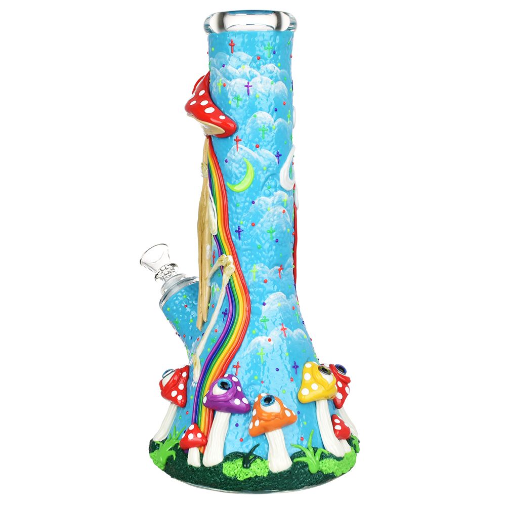 Sneaky Skeleton And Watchful Fungi 12.5" Glow In Dark Beaker Water Pipe, Front View