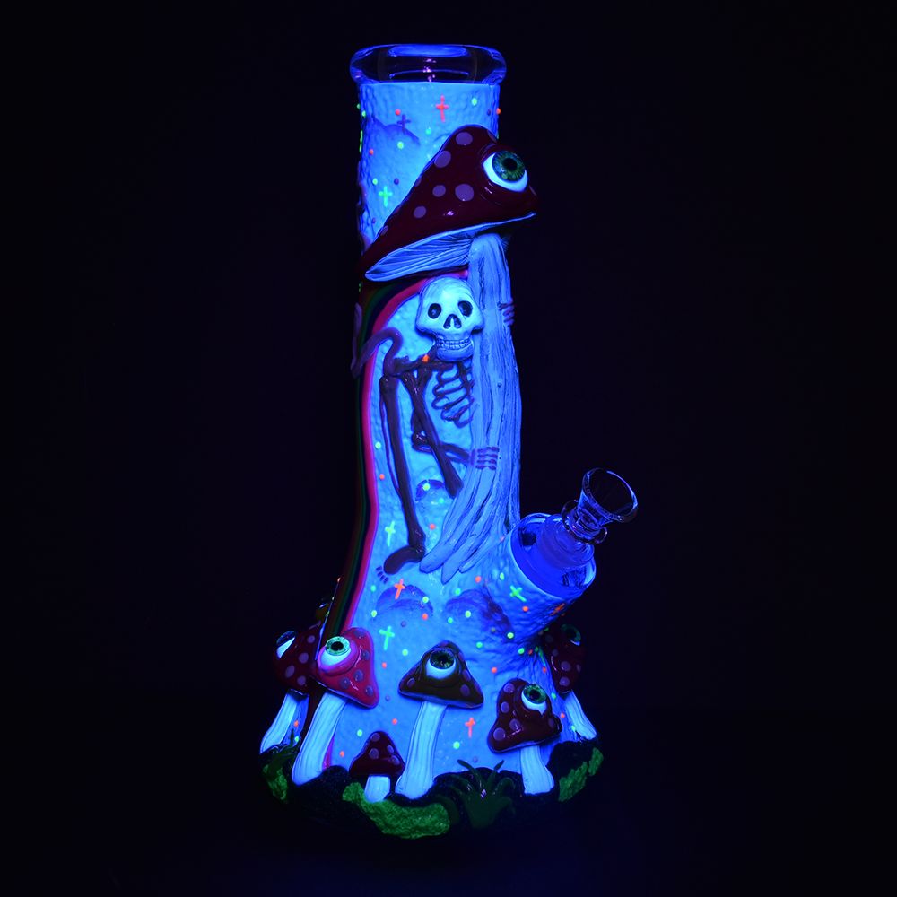 Glowing 12.5" Sneaky Skeleton and Watchful Fungi Beaker Water Pipe with 14mm Female Joint