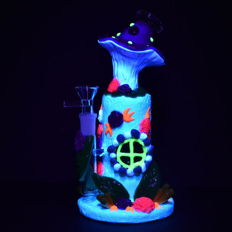 Flower And Shroom Cottage Glow Water Pipe, 9" 14mm Female Joint, Colorful Glass, Front View