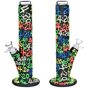 Glow in the Dark Straight Tube Water Pipe with 420 Design - Front and Angle View
