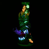 Glowfly Glass 420 Dragon Glow-in-the-Dark Beaker Water Pipe, 10" with 14mm bowl, front view