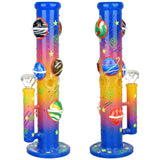 Orbiting Planets Straight Tube Bong, Glow in the Dark, Front and Side Views