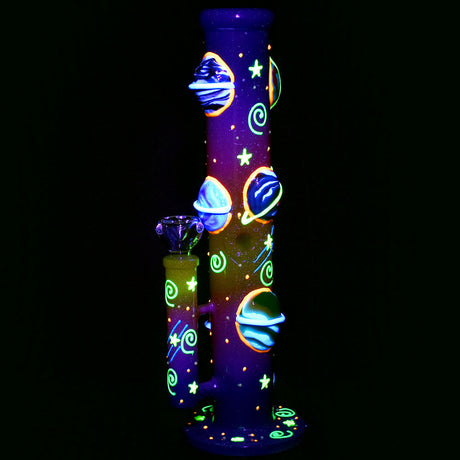 Orbiting Planets Straight Tube Bong Glowing in Dark - Front View - 13.75" Tall
