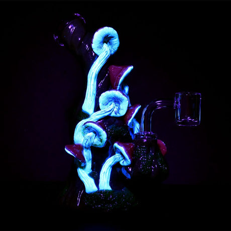 Mossy Forest Mushroom Dab Rig with quartz bucket, 6.75" tall, 14mm female joint, front view on black background