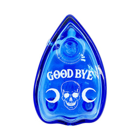 Smoke BlackCraft Planchette Glass Hand Pipe in Blue - Front View with 'GOOD BYE' Text